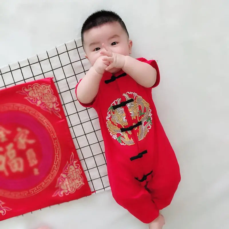 Детские комбинезоны для новорожденных 100 дней празднования Костюмы комплект Китайская традиционная Тан костюм Осенние Комбинезоны для маленьких мальчиков Одежда для девочек