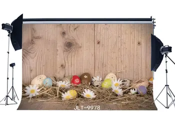 

Happy Easter Backdrop Painted Eggs White Flowers Straw Rustic Wood Plank Spring Frohe Ostern Photography Background