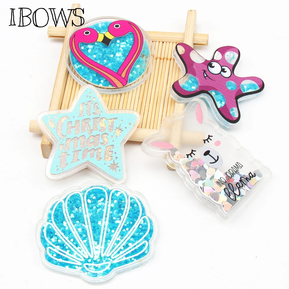 

IBOWS 2pcs Acrylic Liquid Quicksand Pacthes Sequin Shell Flamingo Star for DIY Hair Bow Accessories Handmade Phone Case Supplier