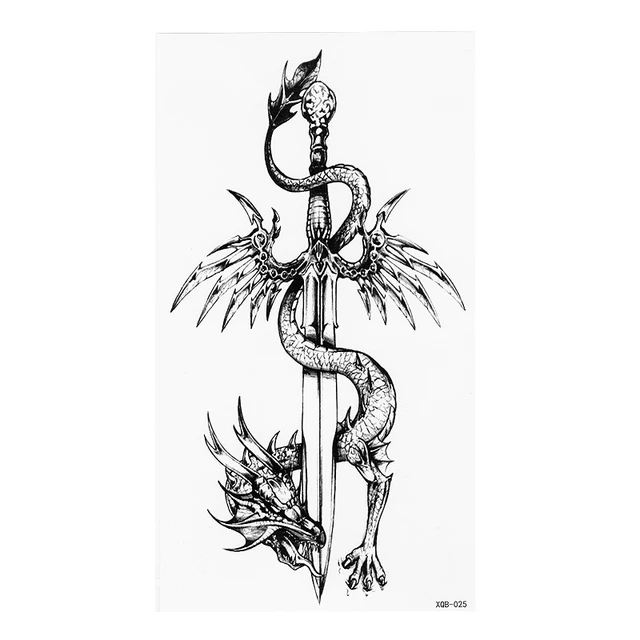 chinois totem dragon et épée noir blanc grande fleur tatouage
