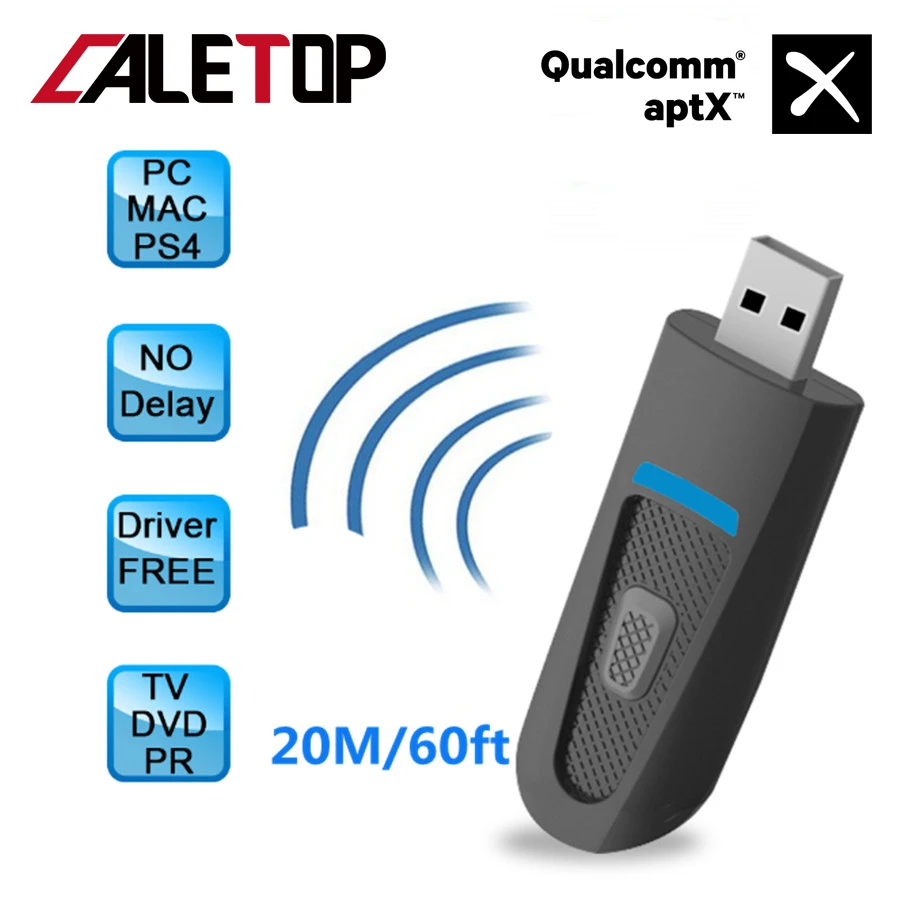 

CALETOP APTX Low Latency Bluetooth 5.0 Transmitter TV PC For PS4 3.5mm Stereo Aux Wireless Adapter Driver-Free USB Multipoint