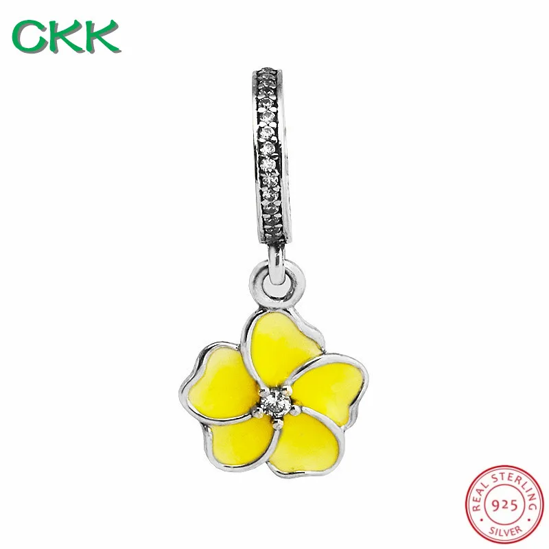 CKK желтый Плюмерия Блум Мотаться Бусины с четкими CZ DIY Fit PANDORA талисманы Серебро 925 для женщин ювелирных изделий CKA001D