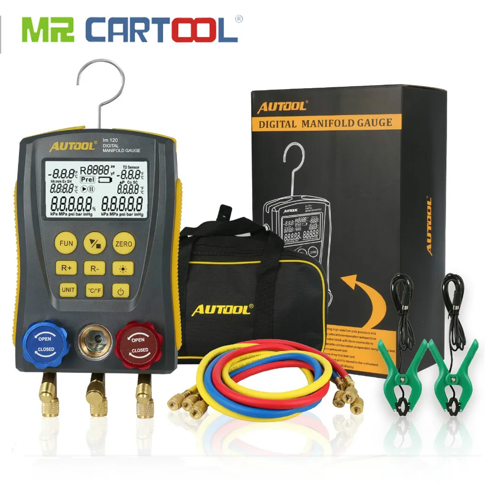 

MR CARTOOL LM120 Refrigerantion Digital Manifold Table HVAC Auto Car Cold Medium Gauge Pressure Temp Air Conditioner Tester