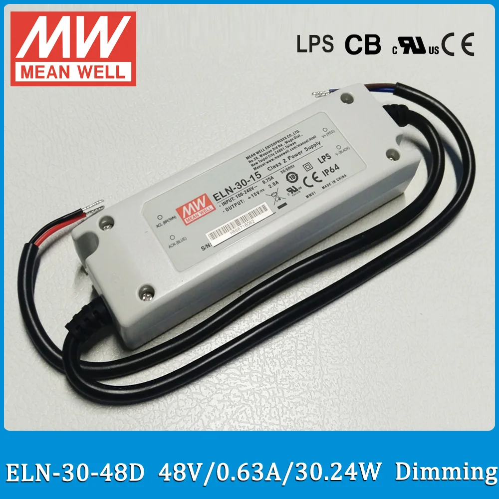 

Original Meanwell ELN-30-48D dimming led driver 30W 0.63A 48V IP64 waterproof LED power supply ELN-30 D type