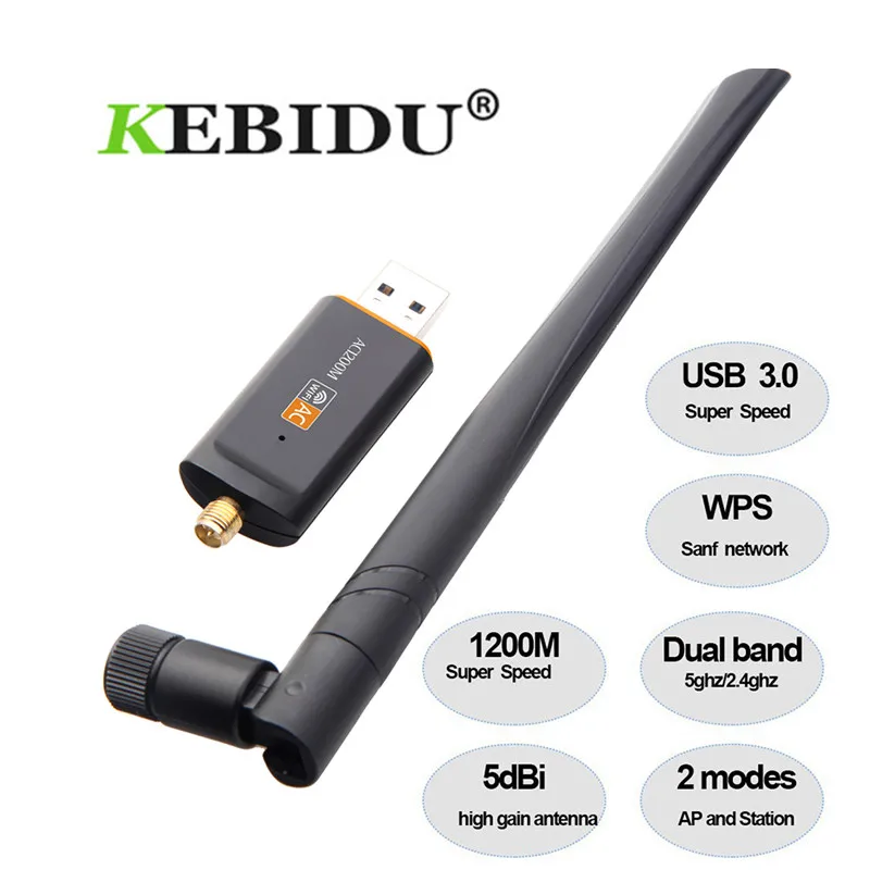 

Kebidu Hot 1200Mbps USB 3.0 Wireless Wifi Adapter Superspeed Network Card RTL8812 Dual Band with AC Antenna For Laptop Desktop