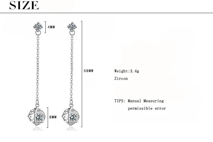 Anenjery простой 925 пробы Серебряный Блестящий кубик с цирконием Длинная кисточка, цепочка серьги для женщин oorbellen S-E763