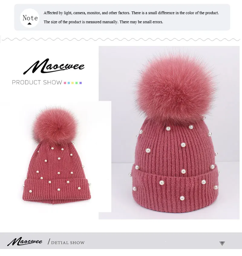 Pălărie din lână Pom-pom din blană de vulpe naturală Pălărie cu trusă de perle Fashio Căciulă de fete pentru femeie._voghion.com