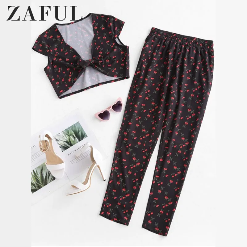ZAFUL NEW Cherry Crop Top And Pants Two Piece Set Spring Hot Print Short Sleeve Women Sets Fashion Casual Boho Ladies Clothes | Женская