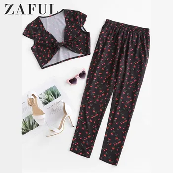 

ZAFUL NEW Cherry Crop Top And Pants Two Piece Set Spring Hot Print Short Sleeve Women Sets Fashion Casual Boho Ladies Clothes
