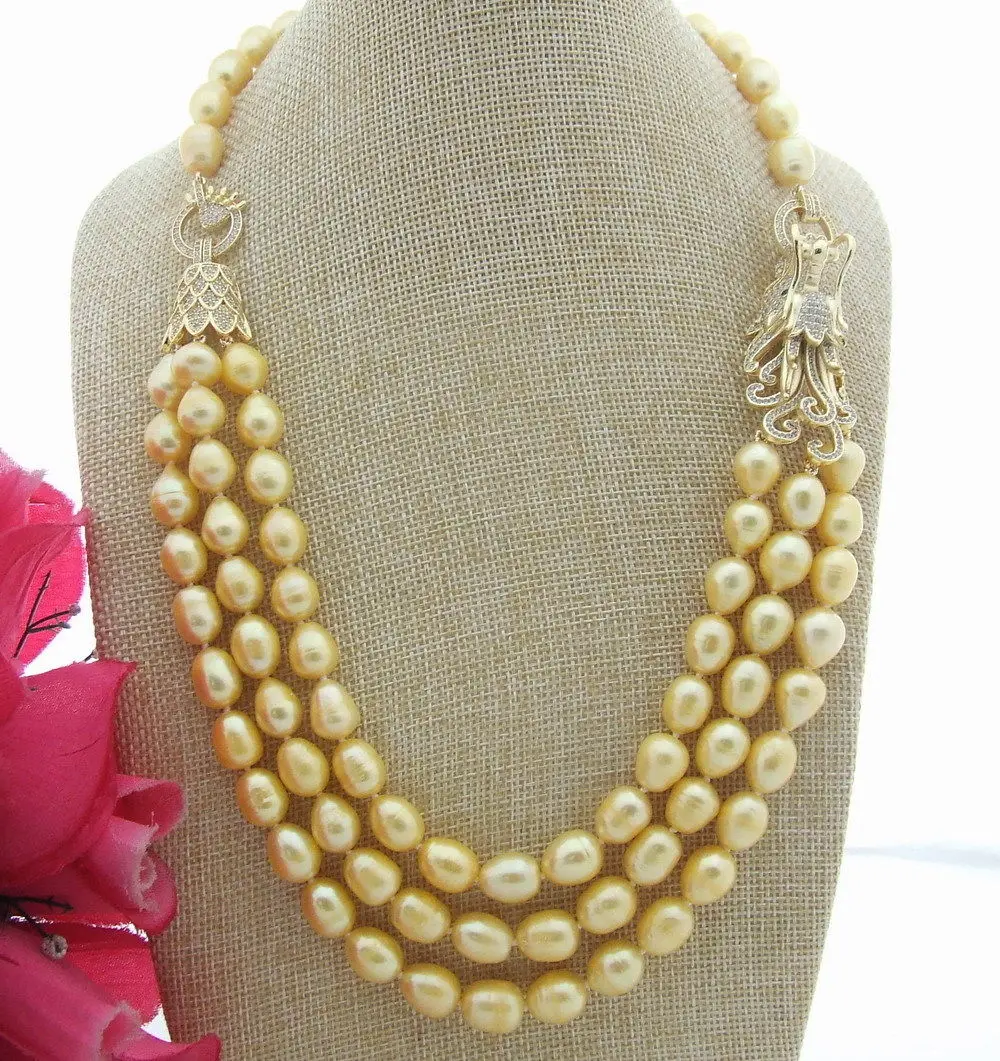 

21" 9x11MM Golden Rice Pearl Necklace Cz Pave Dragon Connector