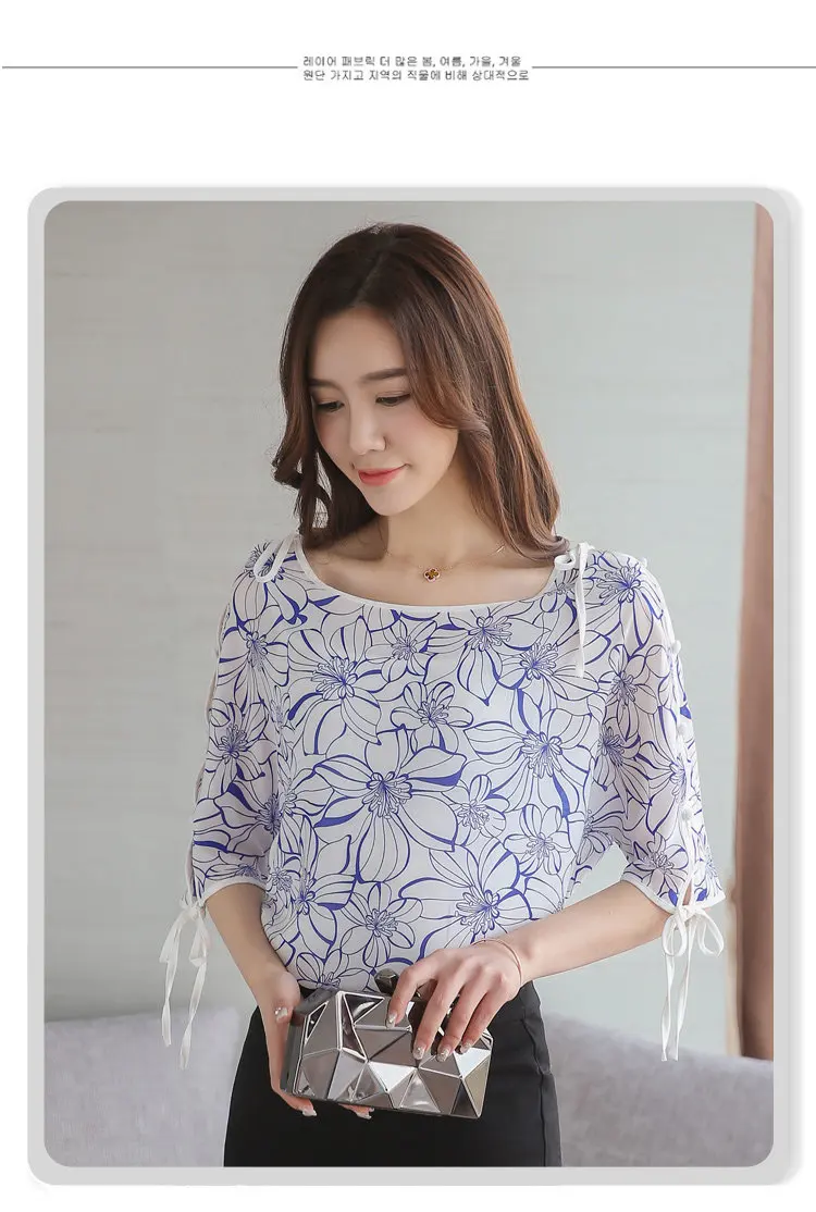 2018 Summer Women Blusas Bow Half Sleeve Tops Female Floral Chiffon Blouse Mujer Casual O-neck Print Shirt Women Blouses (4)