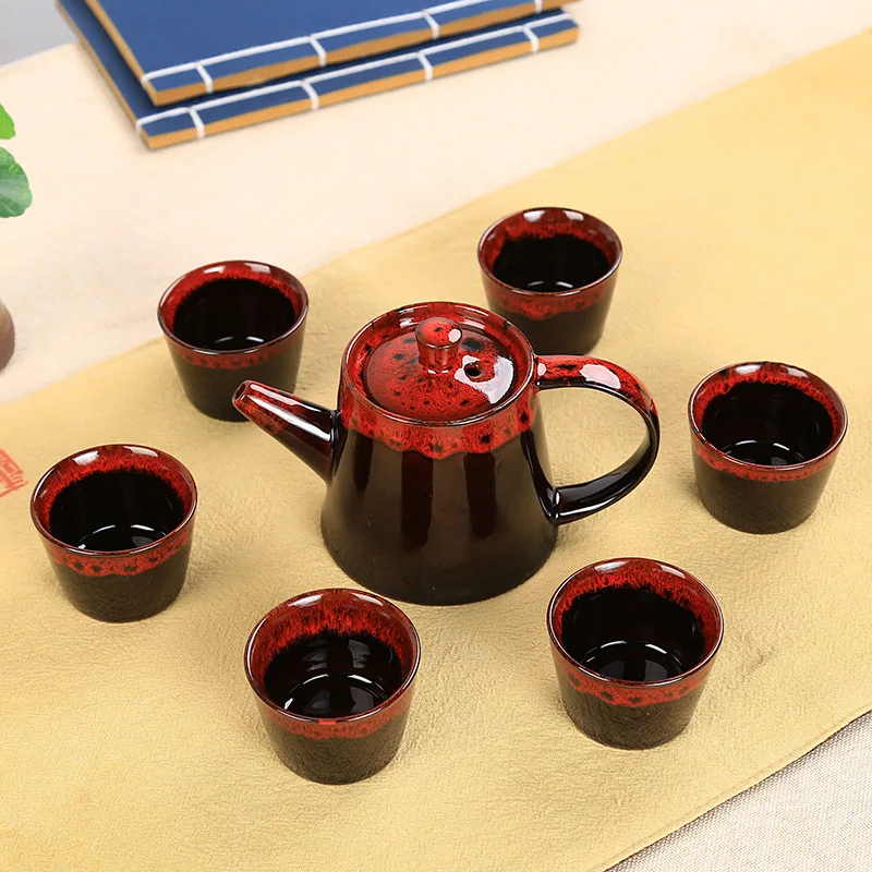 Wholesale Chinese Porcelain kiln Tea sets 6pcs teacup 1pcs teapot,Dehua