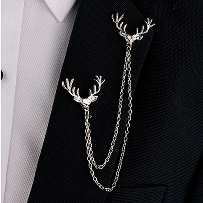 

Hot Unisex Deer Head Elk Gold / Silver Tips Double Link Chains Tassels Collar Pins Brooch Clip Pin Brooches