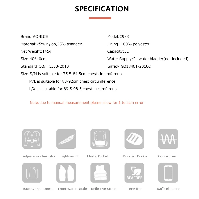  AONIJIE C933 Hydration Pack Backpack Rucksack Bag Vest Harness Water Bladder Hiking Camping Running - 32971489706