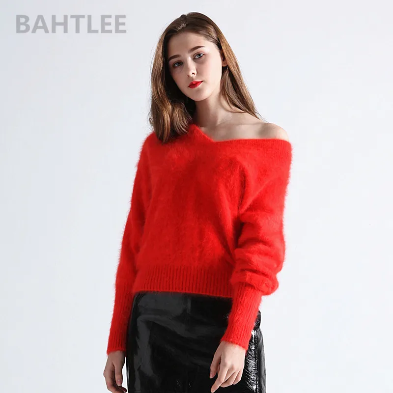 Koop BAHTLEE 2018 Herfst winter vrouwen angora konijn gebreide truien trui V hals batwing mouw mode warm houden loosefir