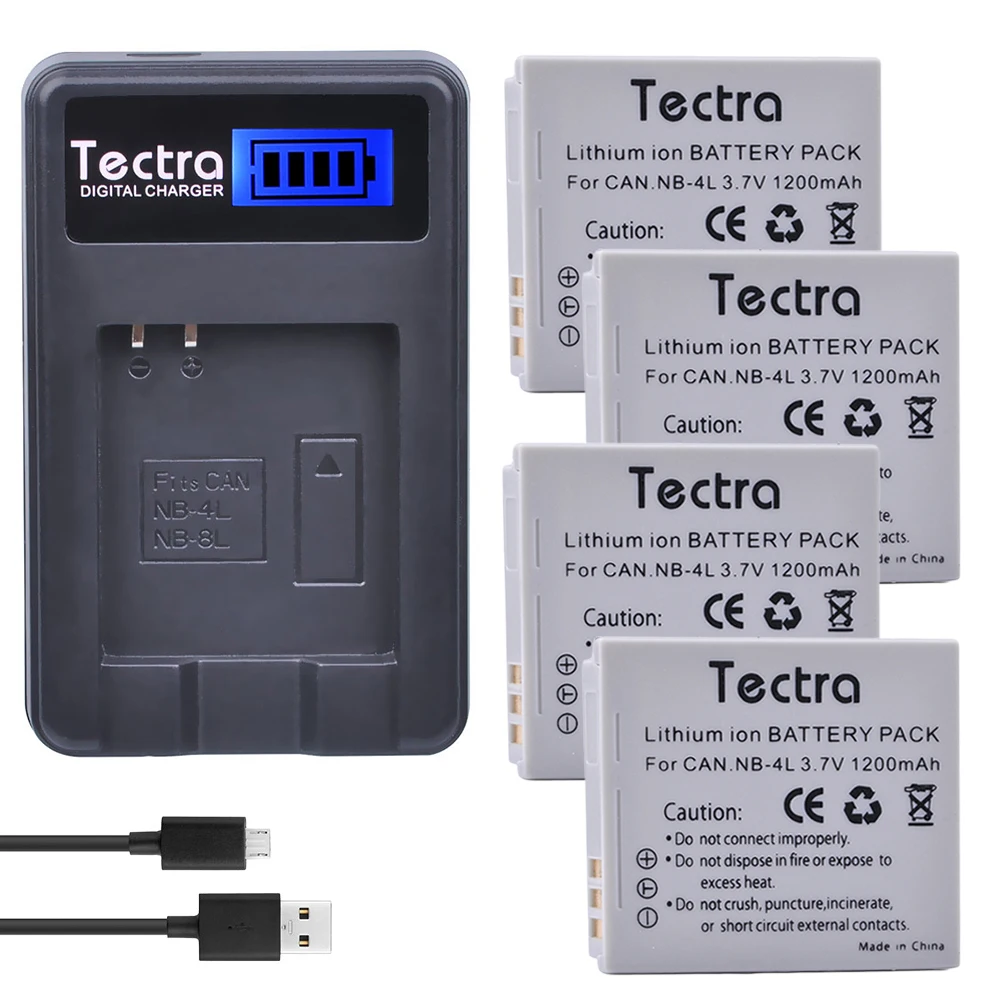 Tectra 4Pcs NB-4L NB4L Bateria + LCD USB зарядное устройство для Canon PowerShot SD40 SD30 SD200 SD300 SD400 SD450 SD600 SD1400