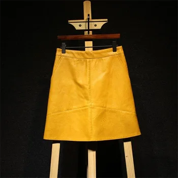 

2018 spring high waist skirt PU artificial leather skirt pink yellow black blue zipper mini Slim was thin package hip skirt