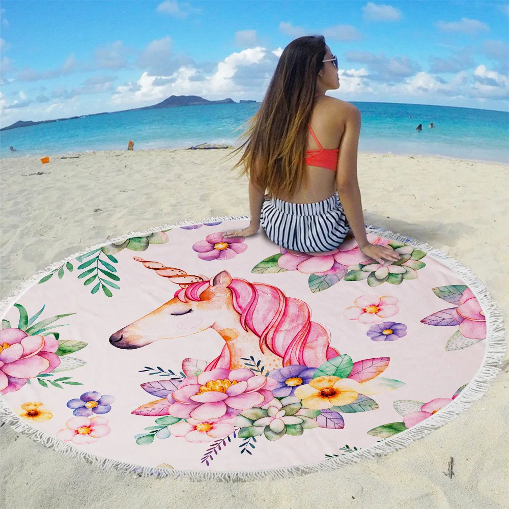 

150cm Fashion Unicorn Style Beach Towel with Bundle Pocket Set Portable Swimming Bath Drawstring Bag Sport Yoga Blanket