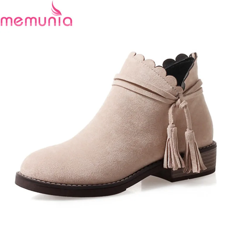

MEMUNIA 2020 new arrival ladies boots round toe with fringe ankle boots for women square heels boots with ruffles casual shoes