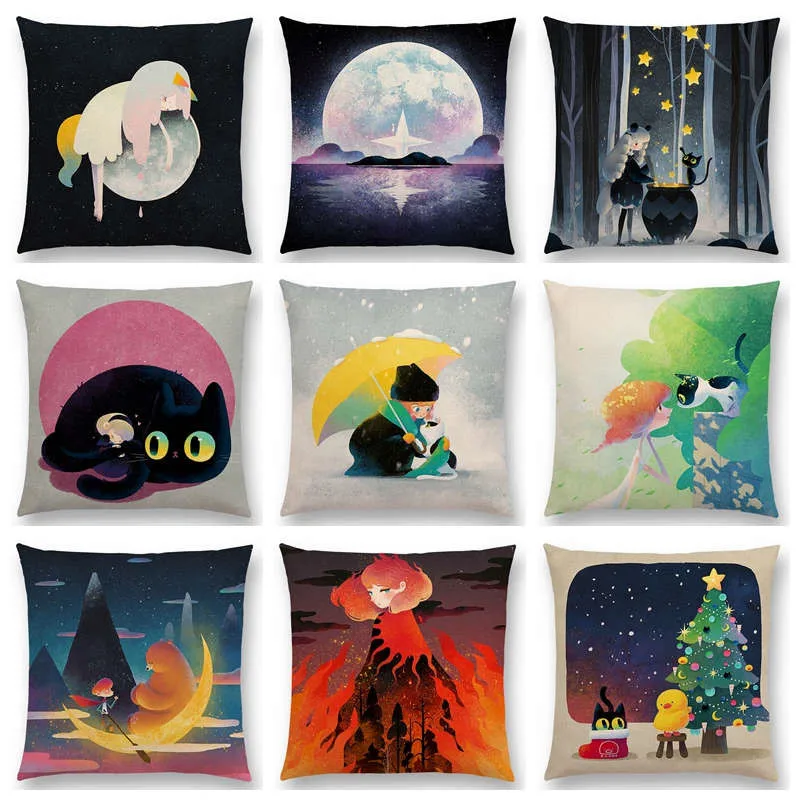 

Hot Sale Colorful Dreams Lovely Cat Cute Girls Magical Sun Moon Warm Star Cushion Cover Car Home Decor Sofa Throw Pillow Case