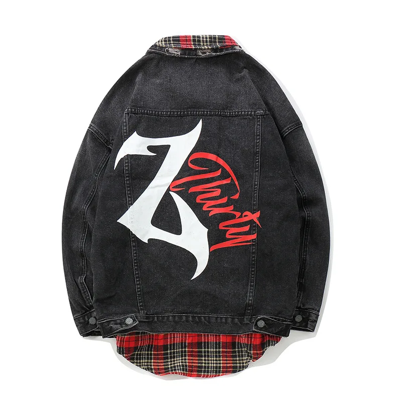 

Jackets Men Letter Printed Patchwork Leisure Harajuku Lattice stitched loose hip-hop jean jacket Men coats L236