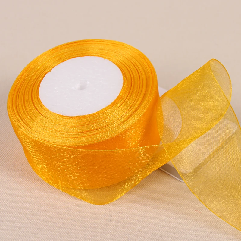 

12/15/20/25/40/50mm Golden Yellow Transparent Organza Ribbons DIY Crafts Fabric Christmas Wedding Birthday Party Gift Decoration