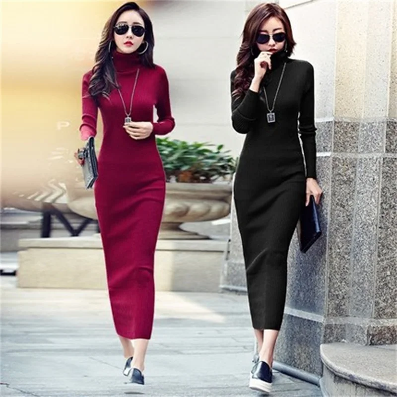 

Women Sexy long sweater dress black turtleneck women winter primer shirt Slim long-sleeved dress sweater vestidoes
