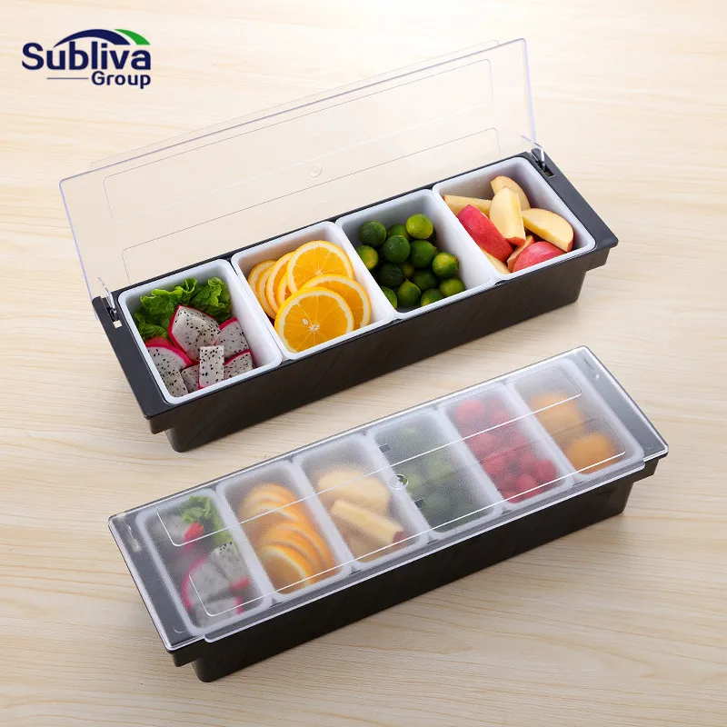 

Plastic Condiment Dispenser 4/ 6 Compartment Black Box Kitchen Seasoning Case Holder Bar Drinks Fruit Garnish Cocktail