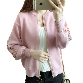 

Embroidered Knitted Sweater Coat Cardigans Sweater Outwear 2018 Spring Autumn Korean Loose Casual Short Floral Sweater Jacket