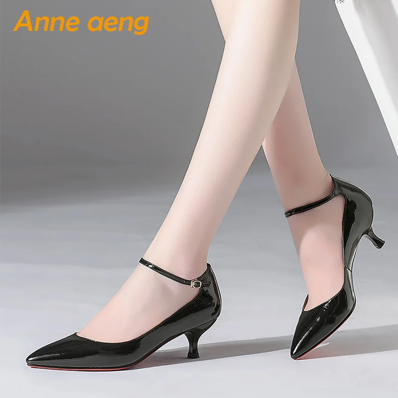Mince Janes Pompes Sexy Nouveau Dames Véritable Chaussures Noir Cuir En Moyen noir Yellow Marie Talons Printemps Bureau Pointu automne Bout Femmes Ynw8qwgU4C