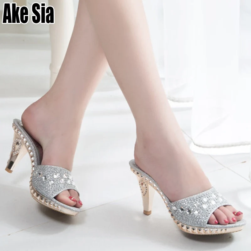 

Thin Heel Slippers Women's Sexy Summer Open Toe High Spike Stiletto Heels Slippers Beautiful Rhinestone Slides Feminino Shoes Y1