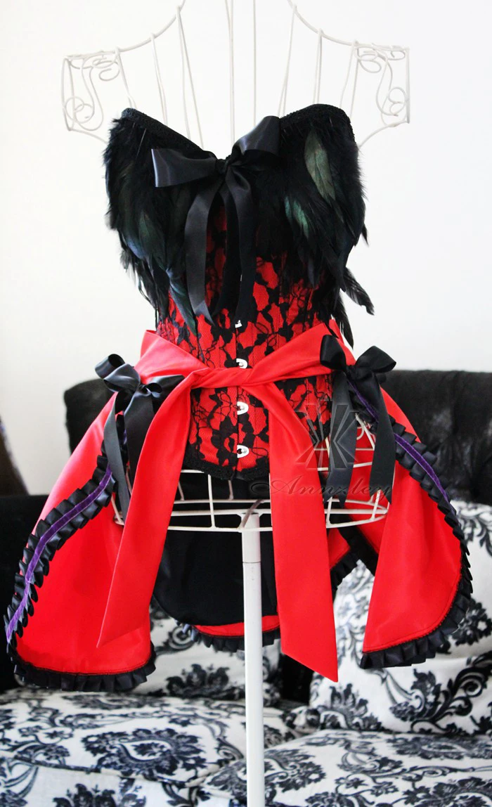 Sexy Black Feather Corset Red Burlesque Corset Dresses With Mini Skirt