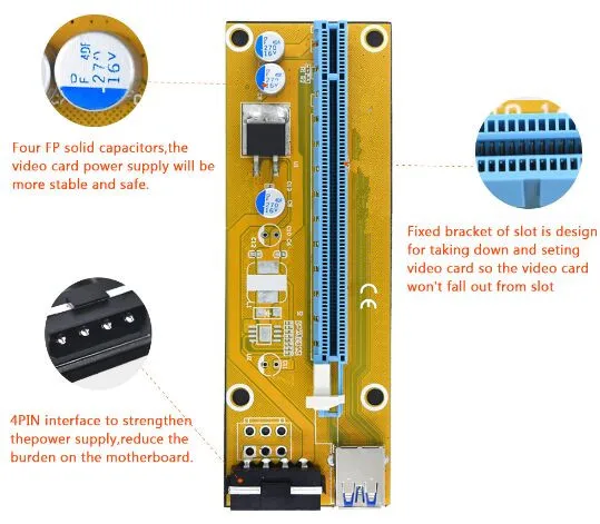 Новинка 2017 года VER006 желтый PCI Express Riser Card USB 3,0 PCI-E extender 100 см 1x к 16x 4Pin Molex Мощность BTC шахтер машина