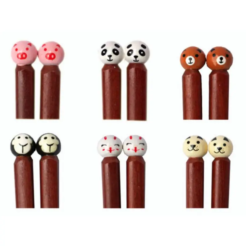 

1 Pair Chinese Style Handmade Reusable Natural Wood Chopsticks Cartoon Animal Top Design For Lovers Kids