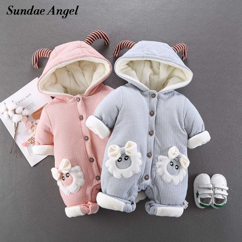 

Sundae Angel Baby Rompers Winter Thick Infant Jumpsuit Hooded Sheep Pattern Cotton Velvet Winter Overalls For Baby Girl Boy