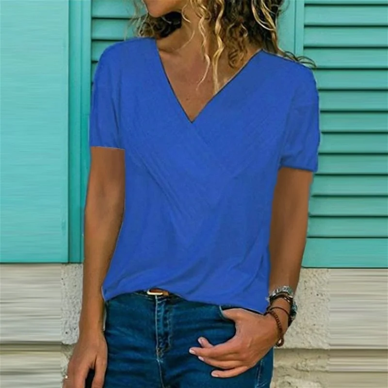 

2019 New Summer V Neck Tshirt Solid Color Slim Spullover T-Shirts Women Cross Short Sleeve Summer Female Tops Tee Plus Size 5XL