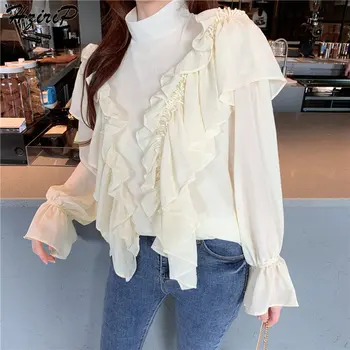 

Hzirip New Style Sweet Summer Solid Turtleneck All-Match Ruffles Free Female Chiffon Casual Fresh Long Sleeves Apricot Shirts