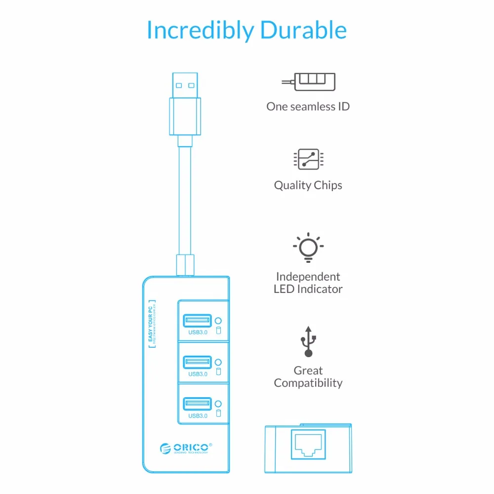 ORICO HR01-U3 USB 3,0 концентратор с внешним RJ45 гигабитная сетевая карта SuperSpeed 5 Гбит/с-черный