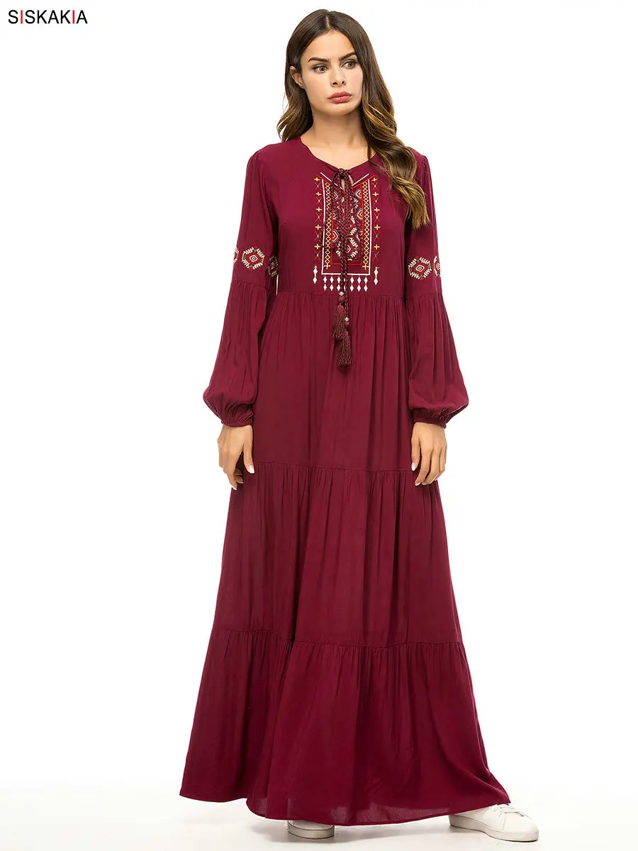 Женское платье с драпировкой и вышивкой Siskakia, длинное винтажное платье с геометрическим узором, повседневное платье бордового цвета с длинным рукавом