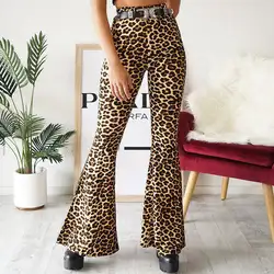 Для женщин Новый стиль Высокая талия леопардовые штаны Для женщин Повседневное Широкие Брюки расклешенные длинные уличная Новинки для