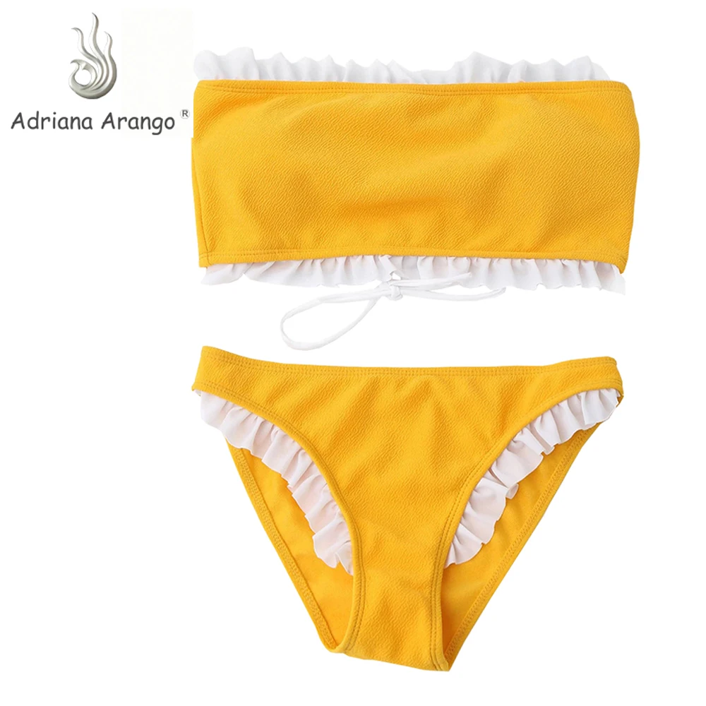 Adriana Arango Swimwear 2019 Ruffled Frilled Ribbed Bandeau Bikini Lace Up Top Solid Swimsuit Women Textured Strapless Biquni |