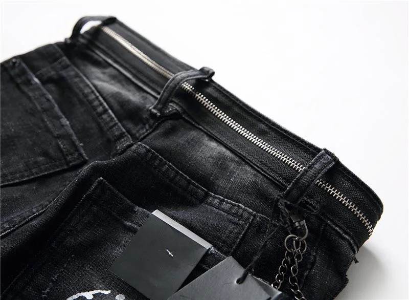 Mcikkny Fashion Pleated Distressed Denim Jeans Trousers Washed Slim Straight Jeans Pants Patchwork Streetwear For Male  (12)