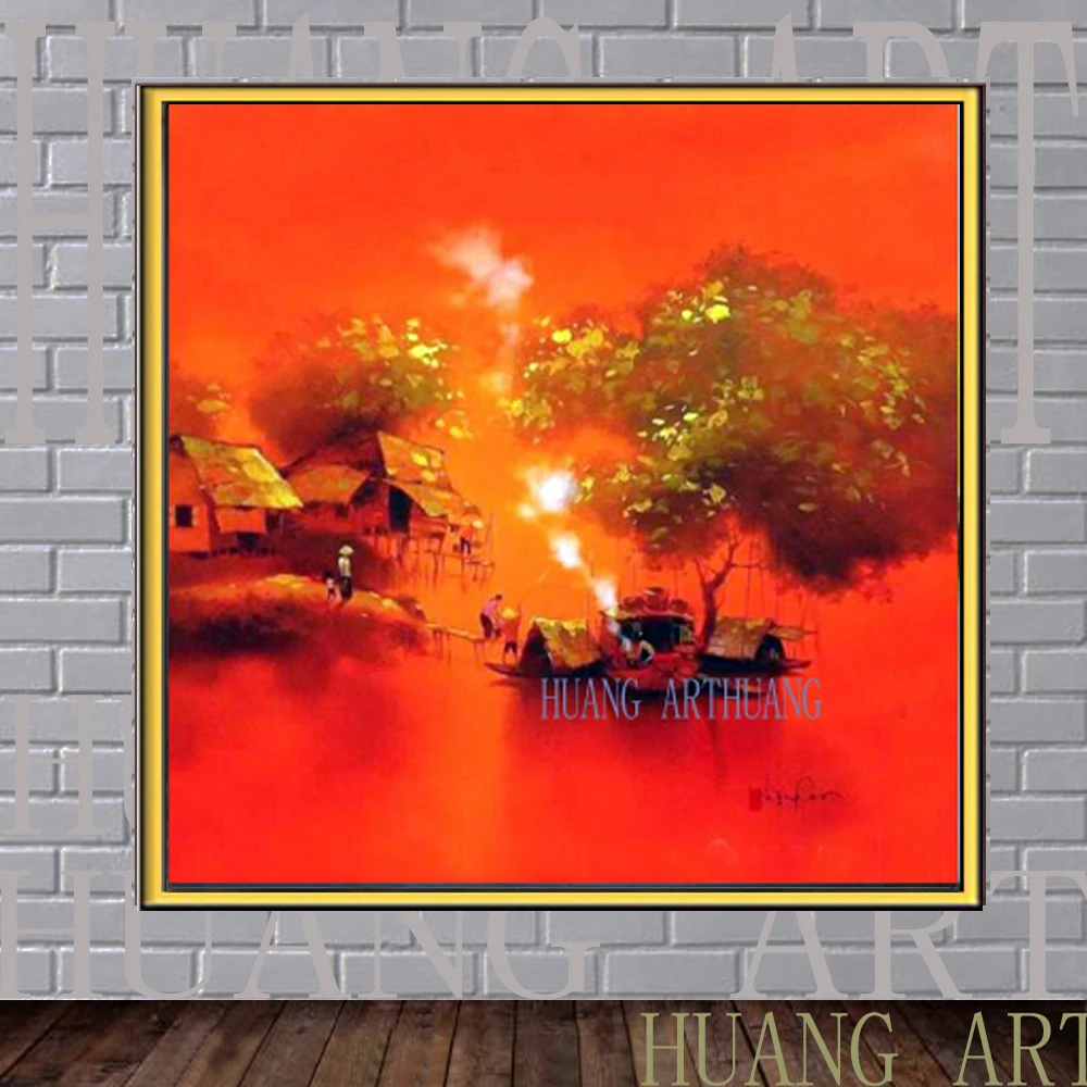 

High quality red purple small Vietnam countryside original famous artists painting huts modern style home decoration and sofa