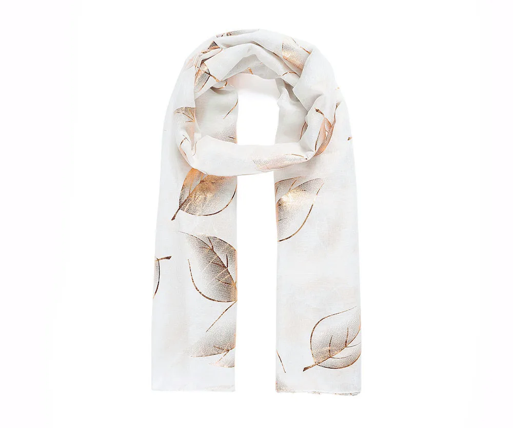 

White rose gold leaf metallic foil print scarf shawl beach cover