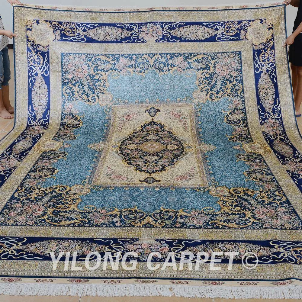 Yilong 9'x12' classic turkish design blue oriental rug handmade silk