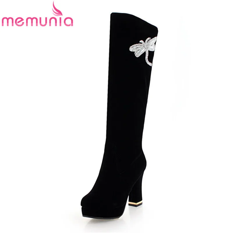 

MEMUNIA new arrival knee high boots womens 2020 black flock winter boots round toe butterfly knot platform high heels long boots