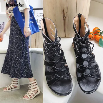 

Kjstyrka femme 2019 lace up fashion women Gladiator shoes open toe zipper Solid color Cool ladies sandals 14.5cm