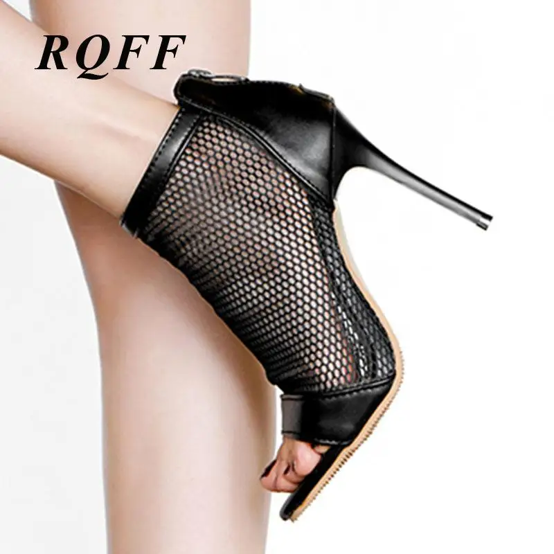 

RQFF Plus Size Gladiator Party Sandals Women Zip Sexy Fashion Gauze Stiletto Rome Cool Boots Handmade Summer Black Ladies Shoes