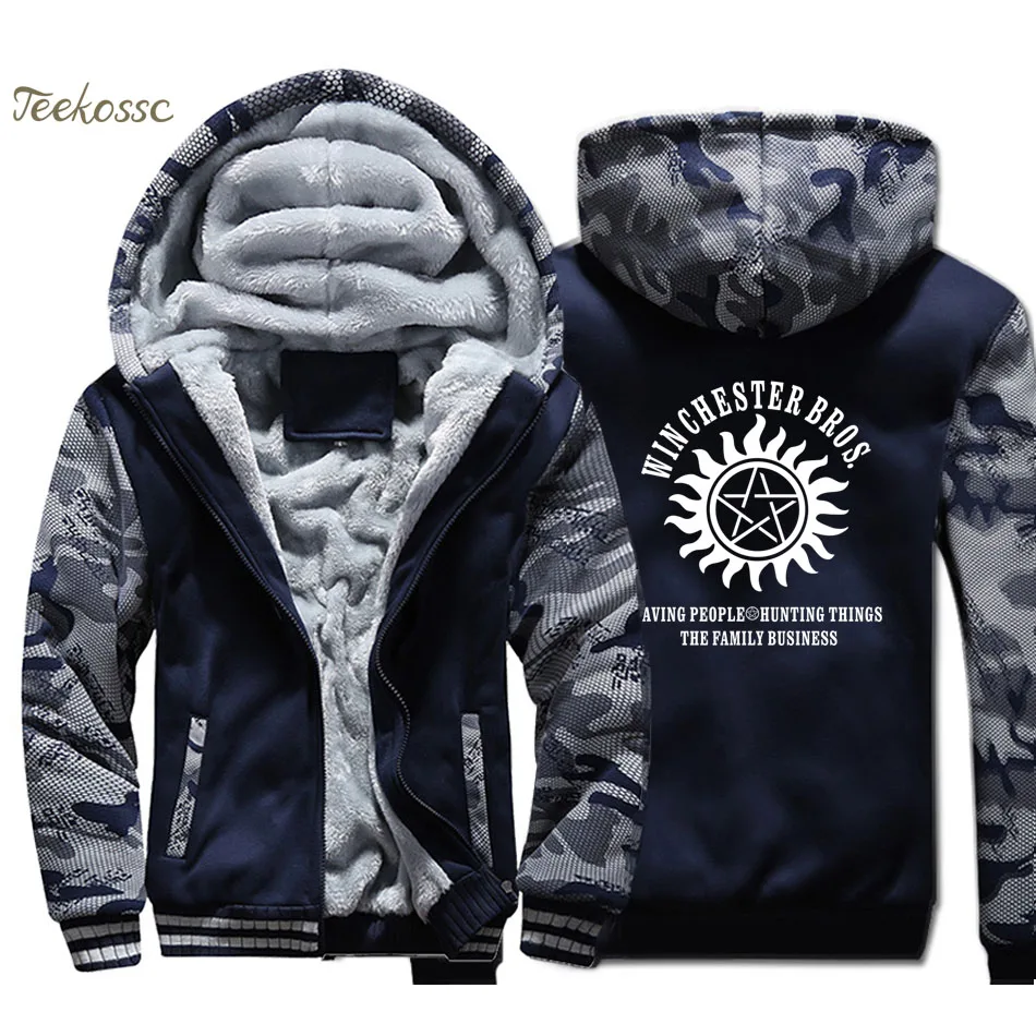 

Supernatural Winchester Bros Hoodie Men Casual Print Hooded Sweatshirt Coat 2018 Winter Thick Fleece Warm Camouflage Jacket Mens