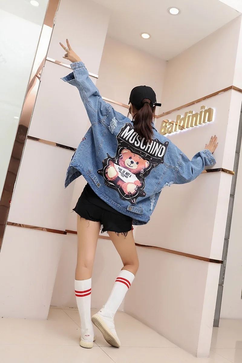 

Denim Jacket Women Sequins Pearls Punk Batwing Sleeve Loose Vintage Streetwear Jeans Jackets Coat Ladies Plus Size